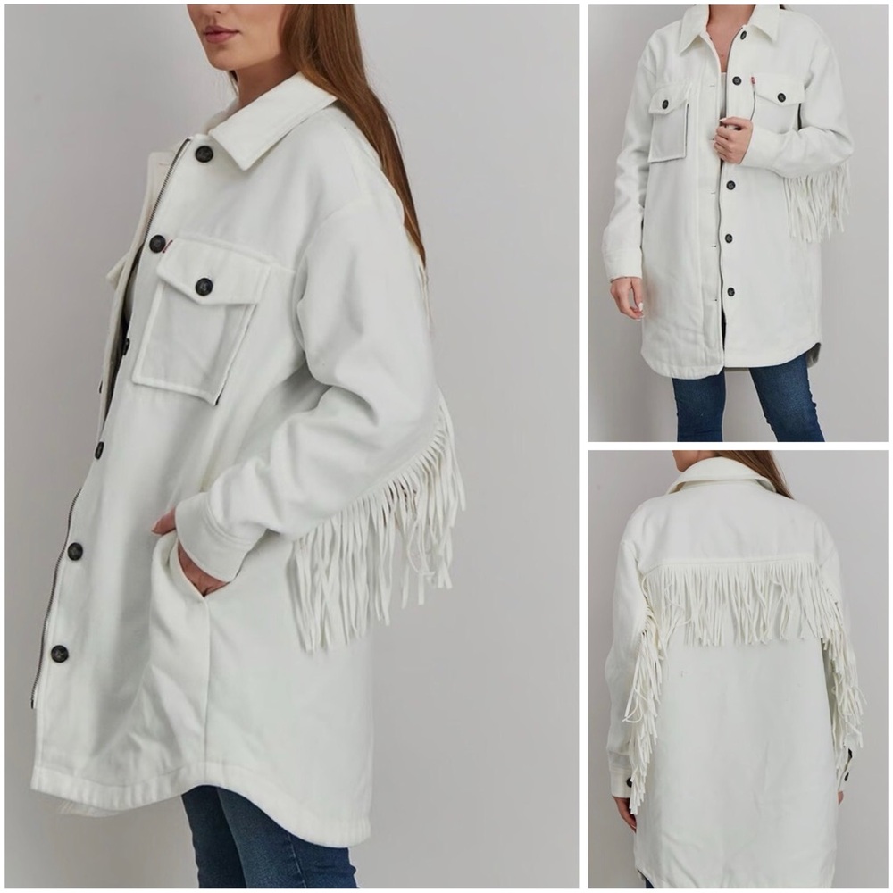 Winter White Levi’s Women Long Oversized Fringe Fashion Jacket Sz XS NWT $150